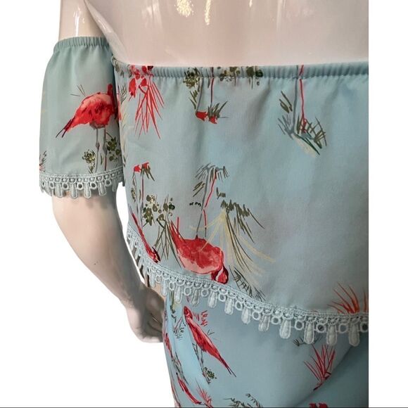 Everly off the shoulder summer dress pink flamingos Dress size Small - Picture 6 of 9